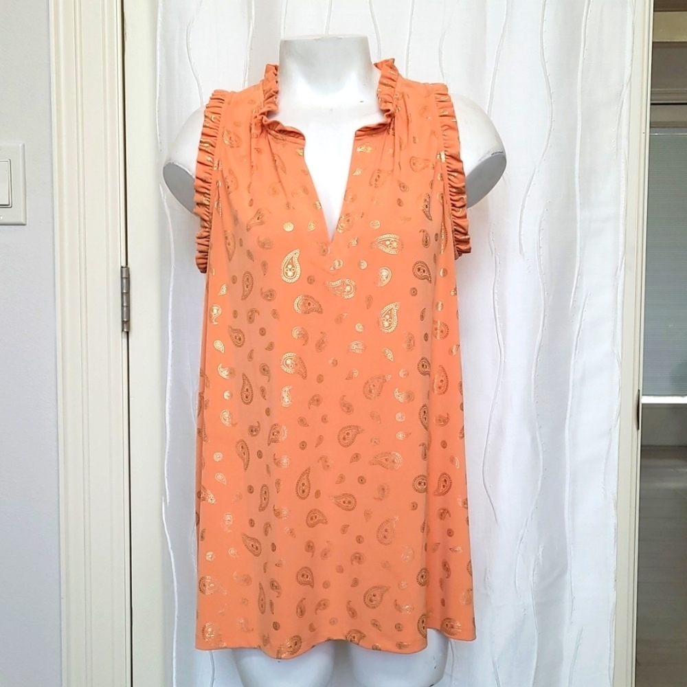 Michael Kors Orange Ruffle Trim Sleeveless V-Neck Top